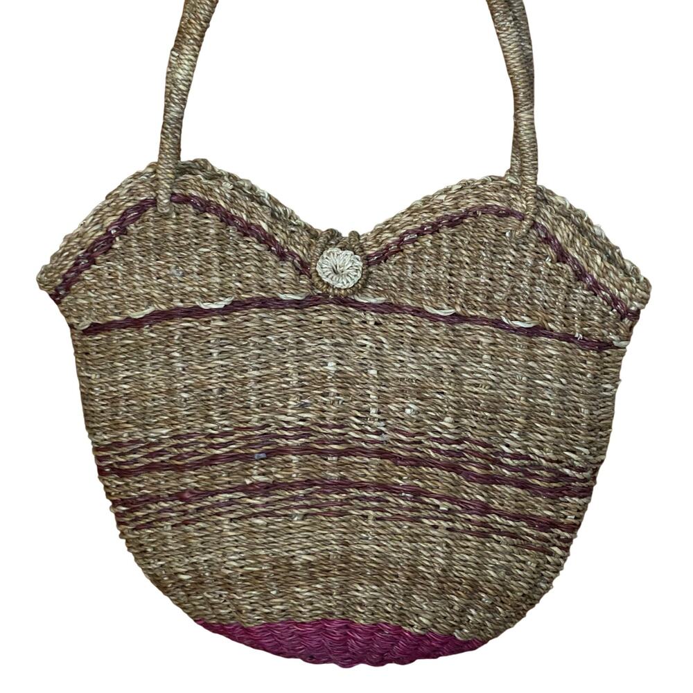 boho cottage garden party woven straw basket bag pink accent summer shoulder bag